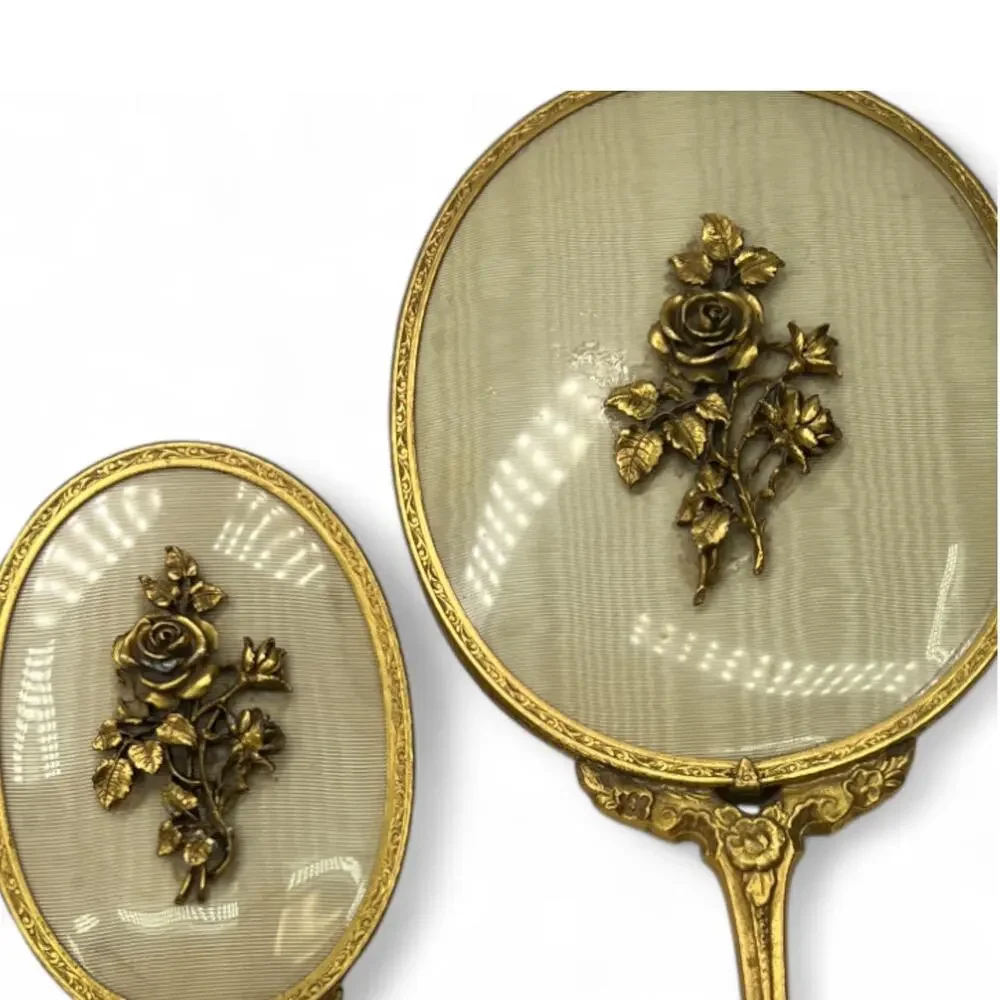 Antique Vintage Brush Mirror Set Hollywood Regency Gold Vanity Decor Dresser